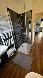 a bathroom with a shower and a sink at GÖ Living Ap in Bovenden