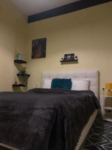a bedroom with a large bed with a black blanket at Catch n relax in Kalabaka