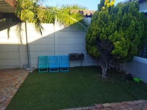 two blue lawn chairs in a backyard with a palm tree at 21 Pin Oak Guest House in Cape Town
