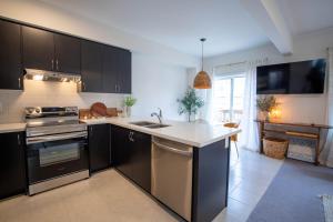 a kitchen with black cabinets and a white counter top at The Cozy Corner in Hamilton