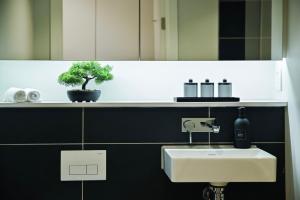 a bathroom with a sink and a plant on a shelf at Modern Apartment in Central Manchester in Manchester
