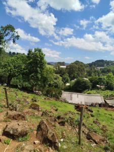 an old barn in a grassy field with trees at Quarto Cama Casal in Gramado