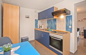 a kitchen with blue cabinets and a sink and a stove at Ferienwohnung Waren Müritz in Waren
