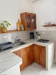 a kitchen with wooden cabinets and a sink at Encanto De Mimi 2 in Puerto Ayora +12 photos