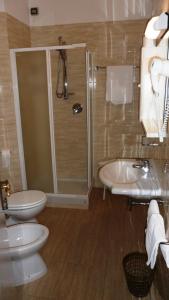 uma casa de banho com um chuveiro, um WC e um lavatório. em Hotel Reali em Chianciano Terme