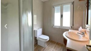 ein Badezimmer mit Toilette, Waschbecken und Dusche in der Unterkunft La Lama in San Emiliano