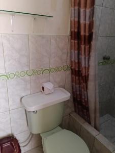 a bathroom with a toilet with a roll of toilet paper on it at Mama Chelita Hospedaje in Nazca