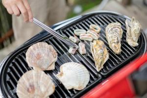 a person is cooking food on a grill at mokumoku海sakanoshita in Kamakura