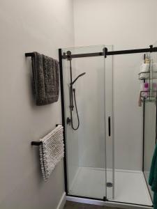 prysznic ze szklanymi drzwiami w łazience w obiekcie Apartment In Nelson CBD Hospitality Zone w mieście Nelson