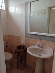 Un baño con lavabo, inodoro y espejo. en Le Crecerelles 1-bedroom coastal apart, en Flic en Flac