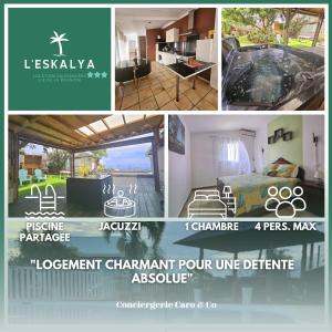 un collage di quattro foto di una stanza di L'Eskalya *** avec jacuzzi et piscine partagée, vue océan a Saint-Joseph