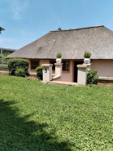 a house with a thatched roof with two plants at lrish Mist Estate in Howick