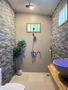 吉利阿尔Marta House gili air的一间带蓝色浴缸和植物的浴室
