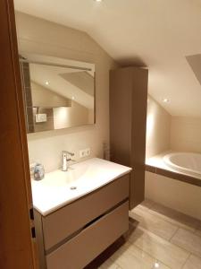 a bathroom with a sink and a mirror and a tub at Deluexe Ferienwohnung Eckl in Prackenbach