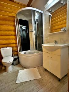 a bathroom with a shower and a sink and a toilet at Domeniul Haiducilor Bucovina in Suceava +41 photos