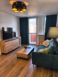 a living room with a couch and a flat screen tv at Tabago Studio 3 in Opole