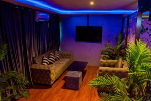 un soggiorno con un divano e una TV di House10 luxury hotel and suites a Lagos Altre 9 foto