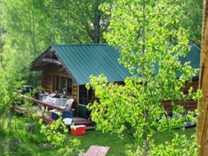 a log cabin with a green roof in the woods at Nimpo Lake Resort in Nimpo Lake