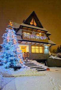 Un arbre de Noël dans la neige devant une maison dans l'établissement Domek za Strugiem - pokoje i apartamenty, à Zakopane
