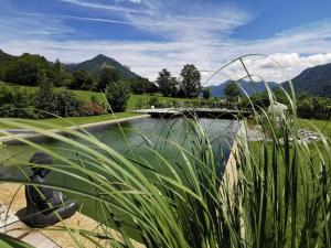 a bridge over a body of water with mountains in the background at Knogler-Bauer in Schleching +22 photos