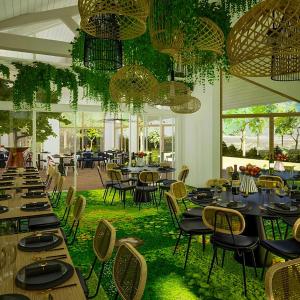 a dining room with tables and chairs and chandeliers at Le Bois Dormant-Hôtel Restaurant & Spa Logis Hôtel in Champagnole