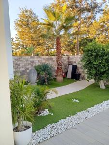 een tuin met een palmboom en een keermuur bij Chalets en Punta Umbría in Punta Umbría