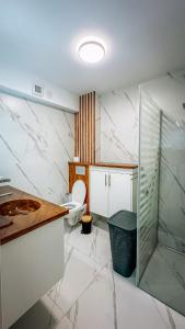 a bathroom with a toilet and a glass shower at Apartament spațios cu magazin si bus in Baciu