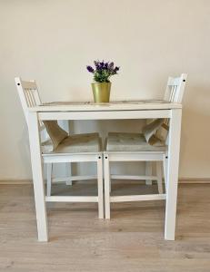 a white table with two chairs and a vase with flowers at Apartment Panoramablick in Bad Mergentheim +4 photos