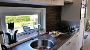 a kitchen with a sink and a bowl of fruit on the counter at Chalet Olm Ferienpark Olmenduin Zeeland 4 Pers familienfreundlich Hunde willkommen in Serooskerke
