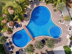 an overhead view of a large swimming pool with palm trees at Novotel Hyderabad Convention Centre in Hyderabad