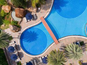 an overhead view of a large swimming pool with palm trees at Novotel Hyderabad Convention Centre in Hyderabad