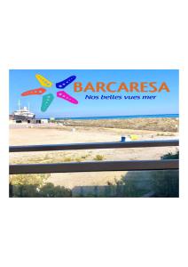 a sign for barcelona with a picture of a plane at BARCARESA-Villa de Louis piscine vue mer, Lydia et plage in Le Barcarès