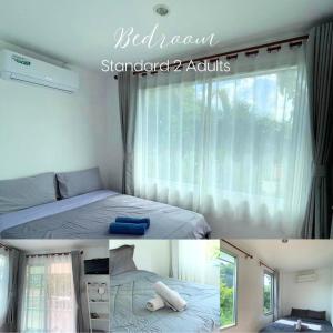 un dormitorio con una cama y una ventana en ชรัส รีสอร์ท เกาะล้าน, en Ko Sak