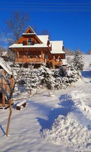 a log cabin in the snow with snow covered trees at Domek Kojsówka in Witów