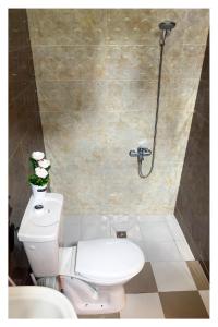 Un baño con inodoro y ducha. en La MAISON BLANCHE - Ch1A - CENTRAL - CALME - WIFI - White Butterfly Hostel, en Dakar
