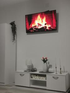 a living room with a fireplace on the wall at Stan na dan Pozarevac Apartman Olja in Požarevac