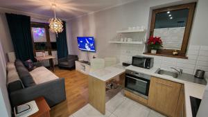 eine Küche und ein Wohnzimmer mit Sofa und Tisch in der Unterkunft Apartament Gwiazda przy Stoku na parterze z ogródkiem in Krynica-Zdrój