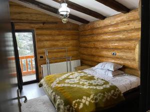una camera da letto con un letto in una stanza con pareti in legno di Cabanele Silvania a Borsa