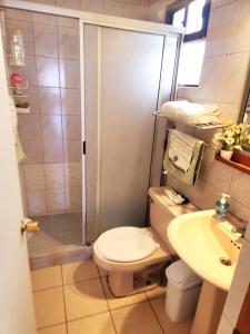 Un baño con ducha, inodoro y lavabo. en PICHILEMU BEACH HOUSE, en Pichilemu 24 fotos más