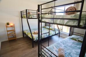 two bunk beds in a room with a window at Port Victoria's 'Saltwater Breeze' - Ocean Views in Wauraltee