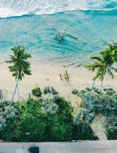 an aerial view of a beach with palm trees and the ocean at Shaka Villa in Dickwella
