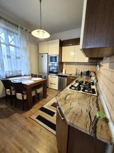 a kitchen with a table and a counter top at Willa Rogaś I in Rytro