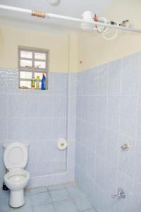 y baño de azulejos azules con aseo y ducha. en Croft Home, en Eldoret