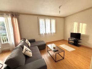 a living room with a couch and a television at Charmant F2 au cœur de Royat in Royat