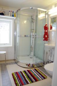 a shower in a bathroom with a rug on the floor at Lunheim in Geiranger in Geiranger