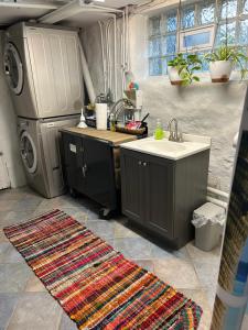 a kitchen with a sink and a washing machine at Private Studio Apartment-Pet Friendly in Downers Grove