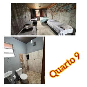 two pictures of a room with beds and a bathroom at Pousada Guarapiranga in Sao Paulo