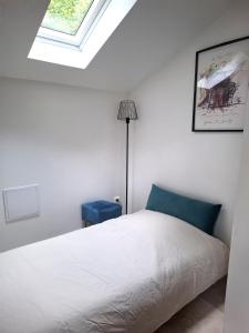 a bedroom with a white bed and a skylight at Meulière de Charme in Maincy