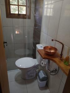 a bathroom with a toilet and a sink and a shower at Chalé Quiririm in Santo Antônio do Pinhal