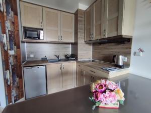 una cocina con armarios de madera y un jarrón de flores en una encimera en Belvedere Holiday Club H41, en Bansko